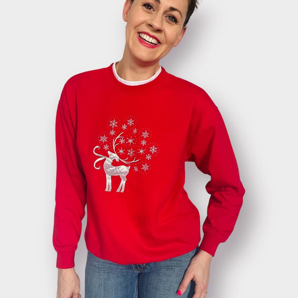 90s Red and Silver Reindeer Holiday Crewneck